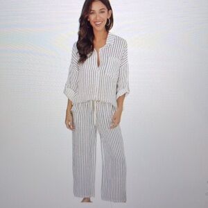 Women’s White/Navy Strip Linen Wide Leg Drawstring Waist Pants